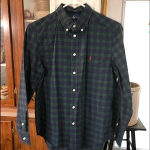 RALPH LAUREN SIZE L 14/16 BLUE AND GREEN LING SLEEVE PLAID SHIRT EUC